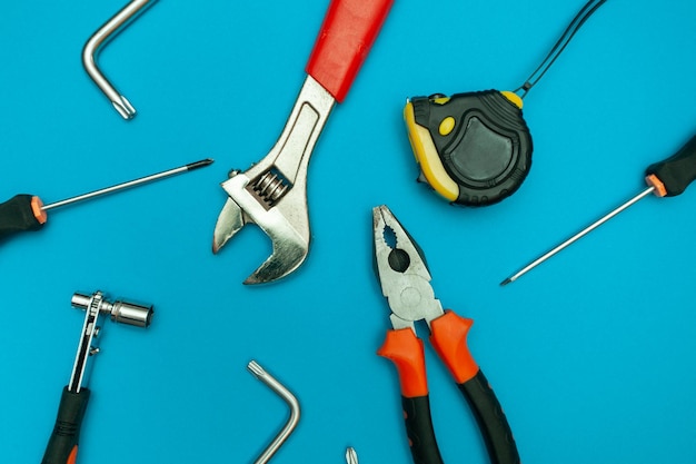 Tools on isolated blue background