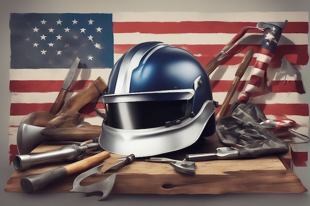 tools for labour day with realistic american waving flag and usa flag helmet