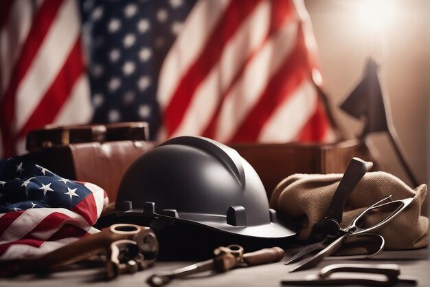 tools for labour day with realistic american waving flag and usa flag helmet