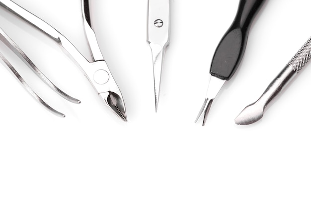 Tools of manicure set isolated top view