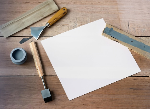 Tools of printing on wooden background