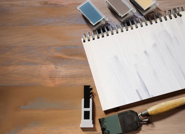 Tools of printing on wooden background