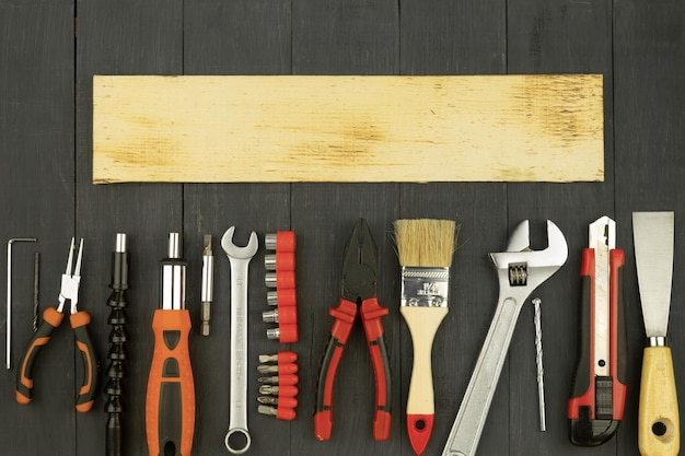 Tools on a rustic background with copy space