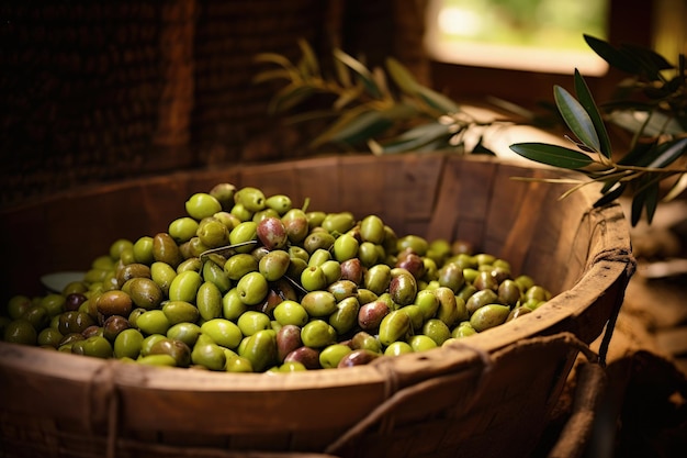 オリーブの収穫期に緑色の新鮮なオリーブを抽出するために使用されるツールをクローズアップする伝統的な組織