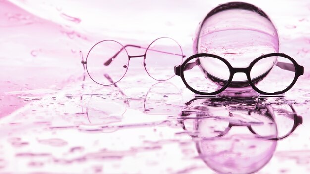 視力矯正のためのツール。水しぶきやぼやけた背景に視度のあるメガネやレンズ。