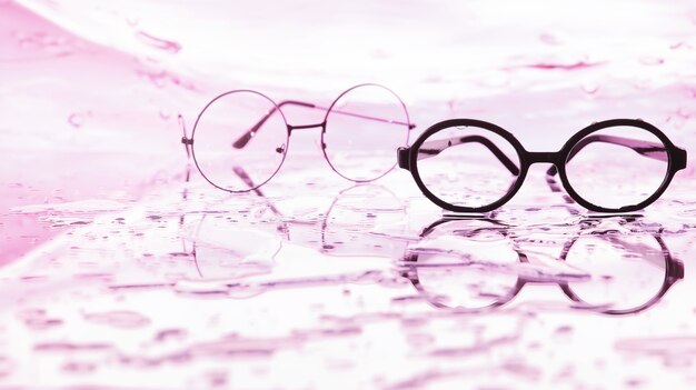 Tools for vision correction. Glasses and lenses with diopters on the background of splashes and blurry.