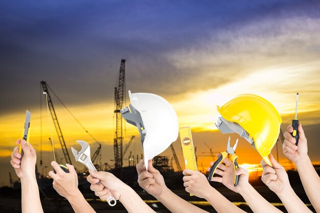 Tools working hand holding equipment set with isolated white background.