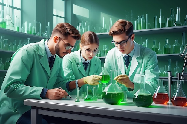 Toon een chemie-laboratorium met studenten die experimenteren met de principes van groene chemie vector illustratie in platte stijl