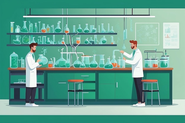 Toon een chemielaboratorium met studenten die experimenten uitvoeren over de principes van groene synthese