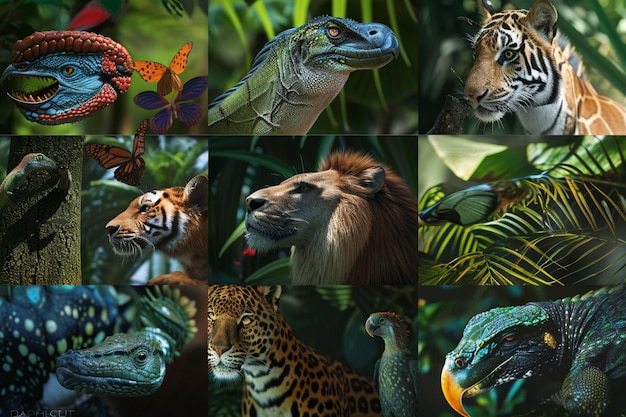 Foto toon een collage van exotische dieren in het wild