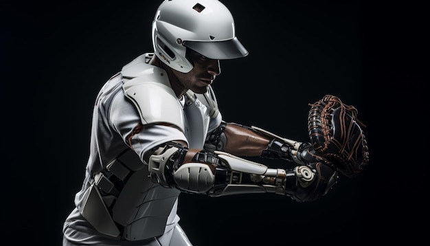 Toon een robotbaseballspeler met geavanceerde technologie die een high-tech honkbalknuppel toont