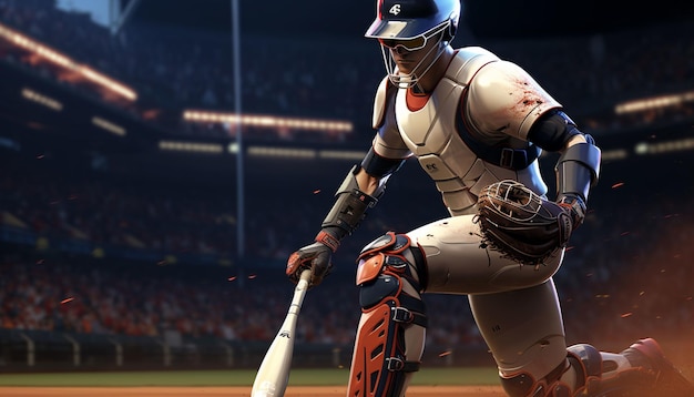 Toon een robotbaseballspeler met geavanceerde technologie die een high-tech honkbalknuppel toont
