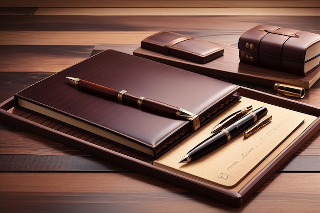 Toon een set luxe pennen en lederen notitieboeken op het houten bord tegen een klassiek mahonie bureau