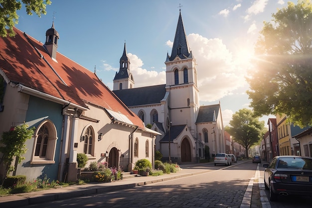 Toont een kerk die zich richt op architectonische details die in impressionistische stijl worden weergegeven.