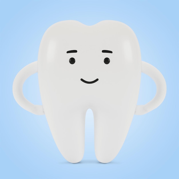 Tooth cartoon character. The concept of dental examination of teeth, dental health and hygiene. 3D illustration.