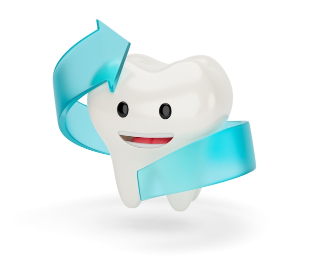 tooth character and green arrow around isolated on white 3d render