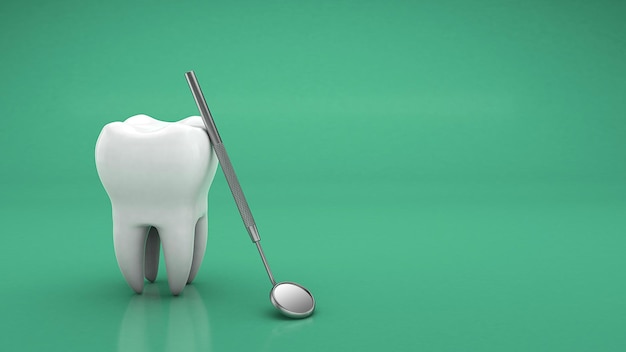 Tooth and dental mirror Dental treatment Copy space for text on a green background 3d render