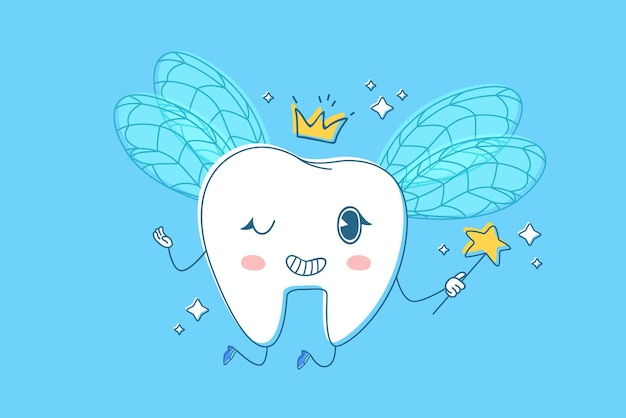 Photo tooth fairy sparkling tooth with wings crown and magic wand cute kids dental clinic mascot