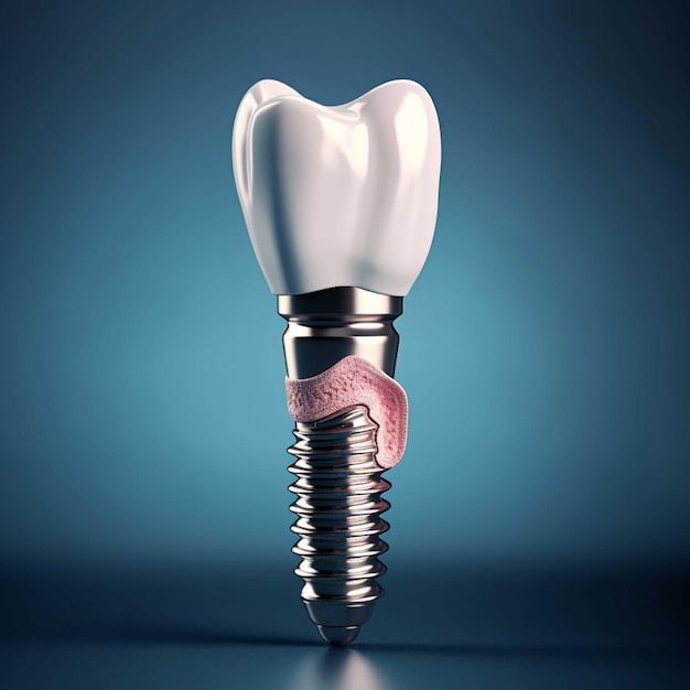 Photo tooth implant on a blue background 3d render illustration