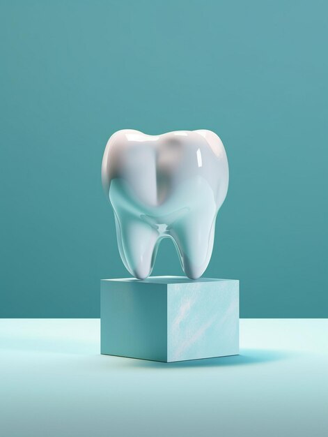 A tooth is on a cube that is blue