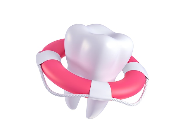 Tooth in the lifebuoy on white background Protection of your teeth concept 3d illustration