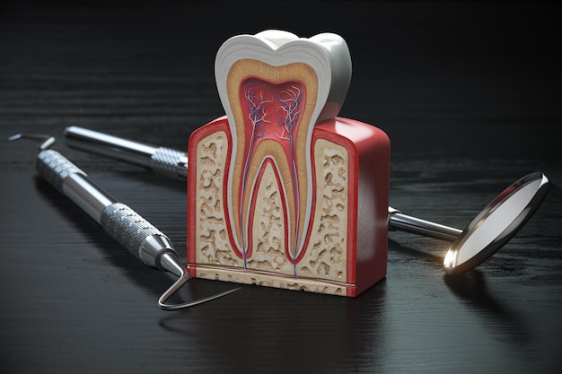 Foto modello di sezione trasversale del dente con strumenti dentali su tavolo di legno nero close up concept di trattamento e igiene dentale