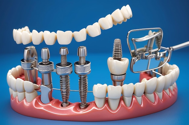 Tooth model with metal wire dental braces and mirror dental equipment on blue background