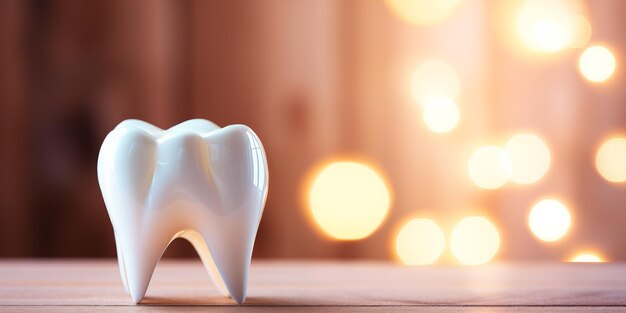 Модель зуба на деревянном столе и фоновый свет боке