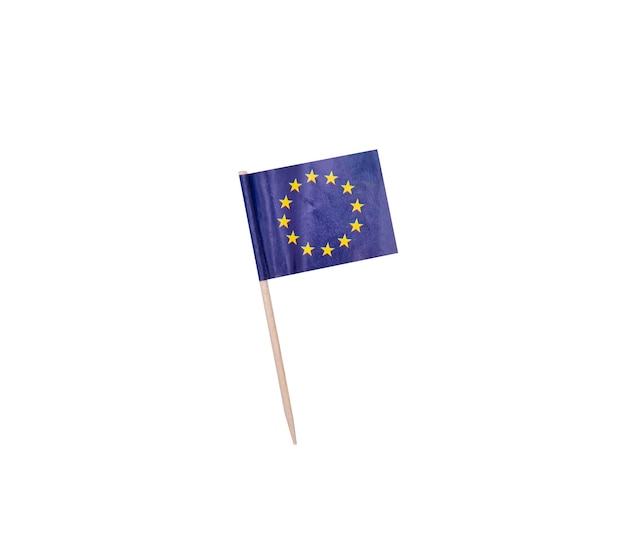 Tooth pick wit a paper flag of the European Union, EU flag on a wooden toothpick