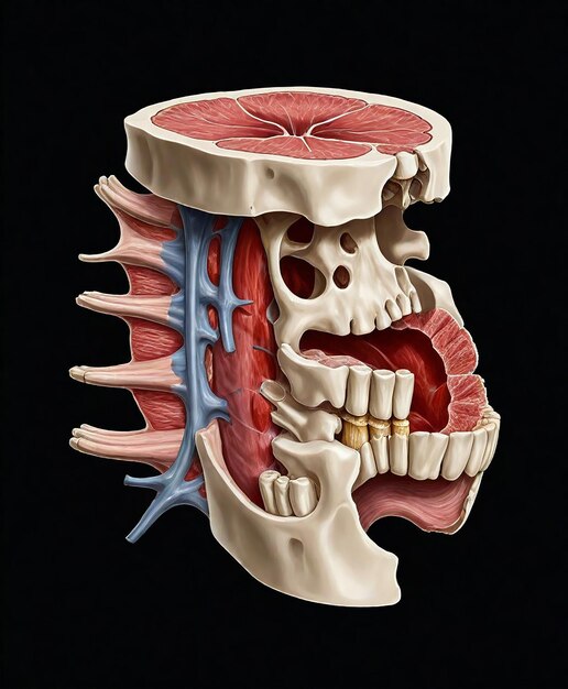 Photo a tooth with a blue vein that is labeled with the mouth open