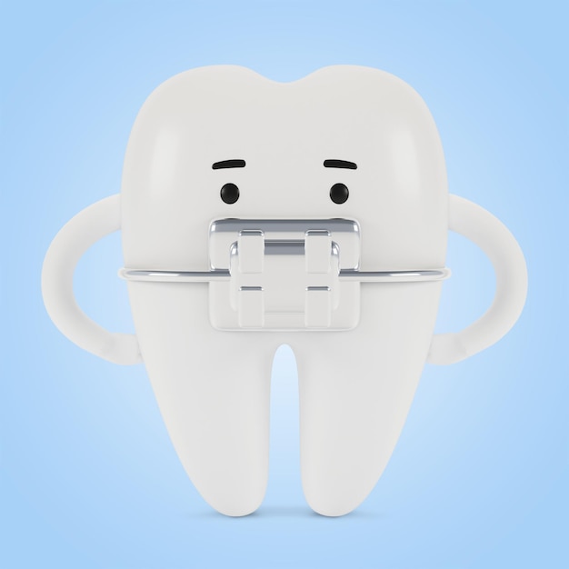 Зуб с брекетами мультипликационный персонаж. Концепция стоматологического осмотра зубов, здоровья зубов и гигиены. 3D иллюстрация.