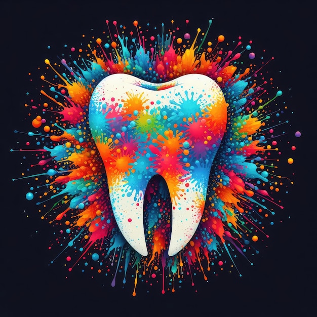 a tooth with colorful paint and sprays on it