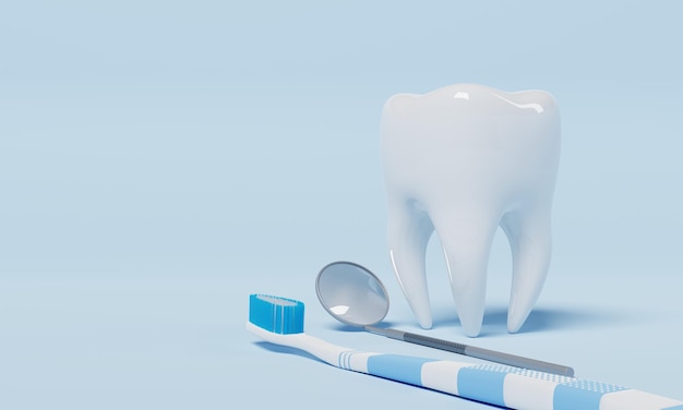 tooth with dental inspection mirror and toothbrush on blue background dental and health care