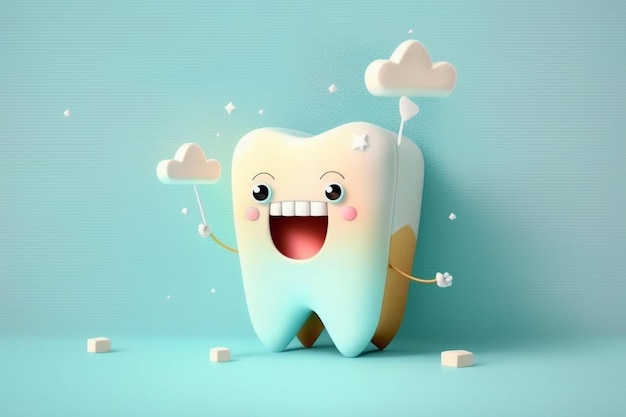 A tooth with a smiley face is holding a tooth with a cloud of hearts in the background.