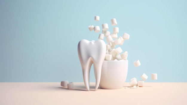 Photo a tooth with sugar cubes and a cup of sugar on a blue background.