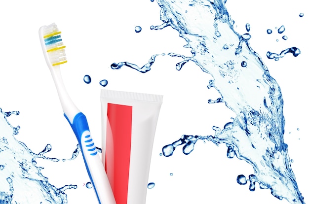 Фото Зубная щетка и тюбик зубной пасты другие брызги воды. концепция ухода за зубами