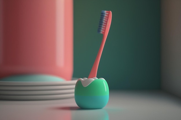 A toothbrush is in a green egg with a blue handle.