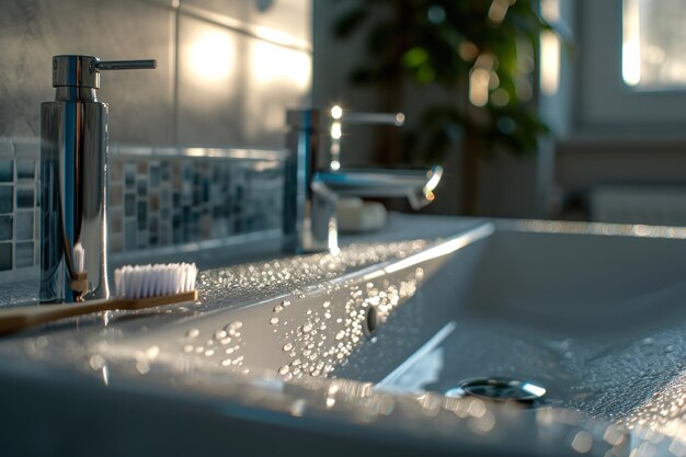 Photo toothbrush on the sink morning hygiene