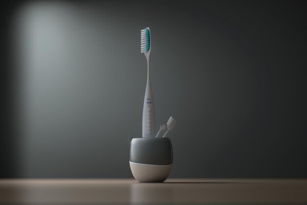 A toothbrush that is in a cup with a blue handle.