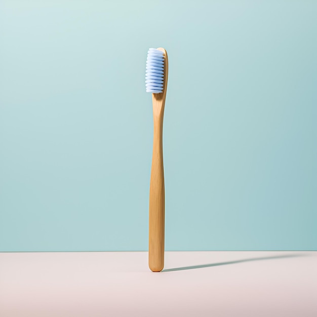a toothbrush with a blue bristles that is on a pink surface.