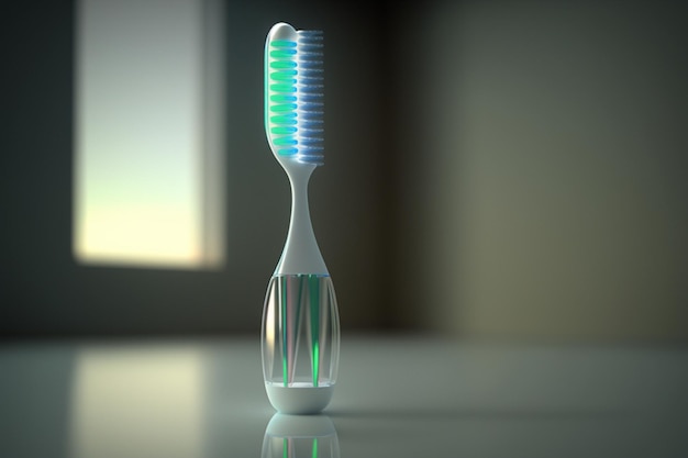 A toothbrush with blue and green bristles sits on a table.