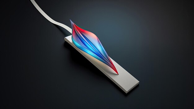 a toothbrush with a red and blue stripe is on a white object.