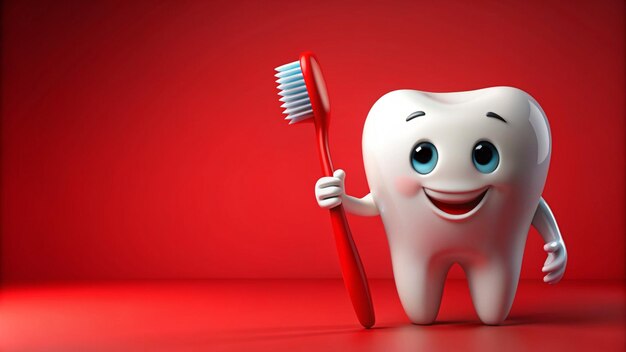 口に歯ブラシをつけた歯ブラシが赤い歯ブラシを持っています