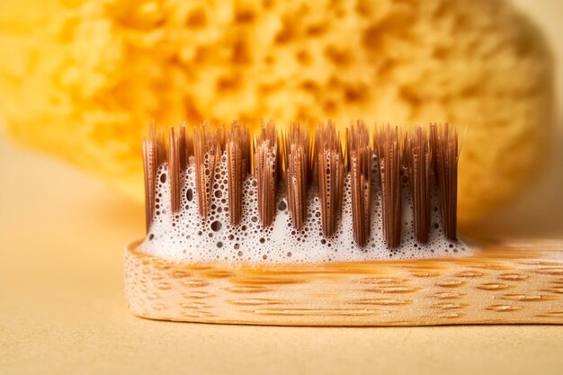 Toothbrush with toothpaste foam closeup