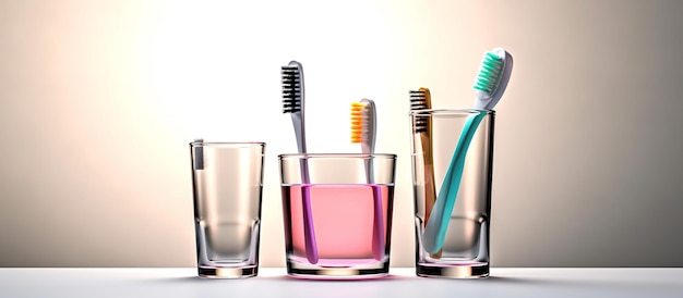 Photo toothbrushes in glass on blurred background