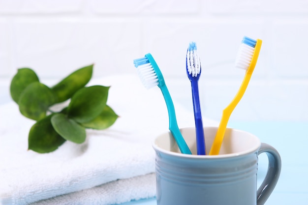 Toothbrushes and oral cleaners on the table