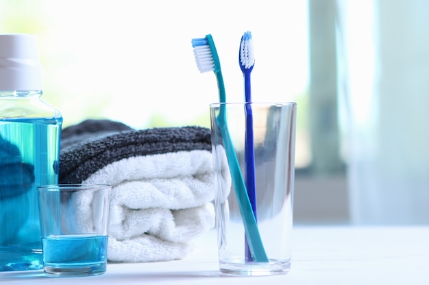 Toothbrushes and oral cleaners on the table