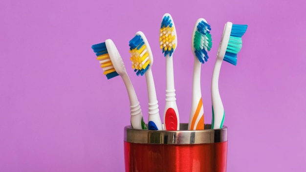 Toothbrushes in a red glass on a purple background. Dental care