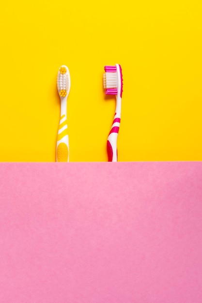 Toothbrushes in two colors yellow and pink 2 color background