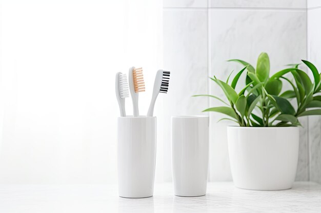 Photo toothbrushes on white countertop in bathroom